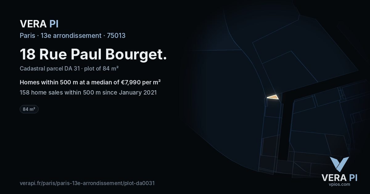 18 Rue Paul Bourget, 13e arrondissement at night – the plot lit, the parcels around coloured by the prices near them