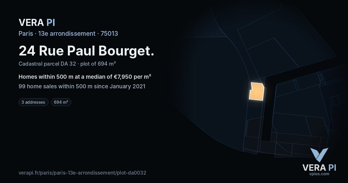 24 Rue Paul Bourget, 13e arrondissement at night – the plot lit, the parcels around coloured by the prices near them