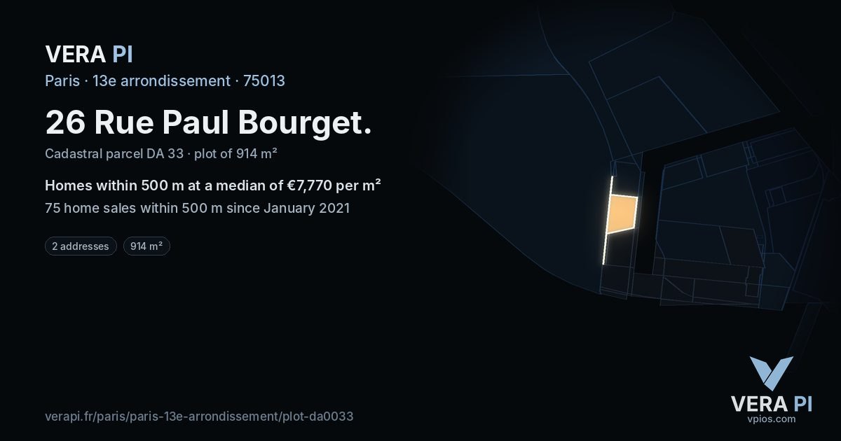 26 Rue Paul Bourget, 13e arrondissement at night – the plot lit, the parcels around coloured by the prices near them