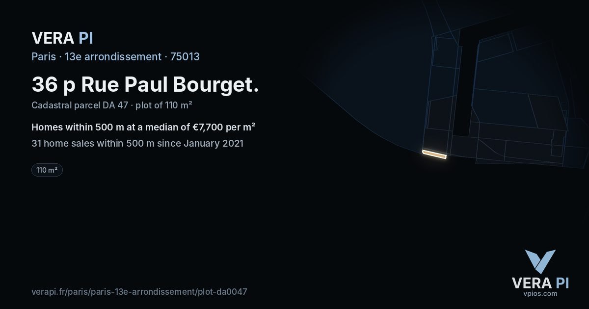 36 p Rue Paul Bourget, 13e arrondissement at night – the plot lit, the parcels around coloured by the prices near them