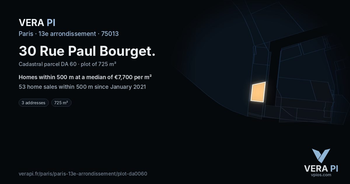 30 Rue Paul Bourget, 13e arrondissement at night – the plot lit, the parcels around coloured by the prices near them