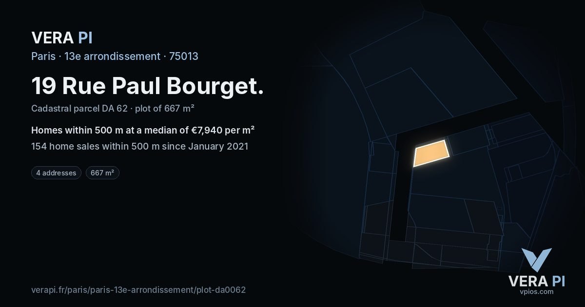 19 Rue Paul Bourget, 13e arrondissement at night – the plot lit, the parcels around coloured by the prices near them