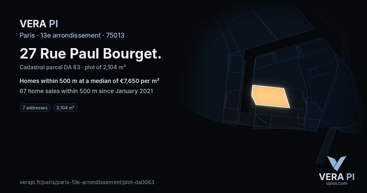 27 Rue Paul Bourget, 13e arrondissement at night – the plot lit, the parcels around coloured by the prices near them