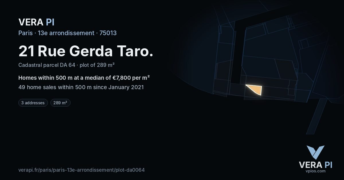 21 Rue Gerda Taro, 13e arrondissement at night – the plot lit, the parcels around coloured by the prices near them