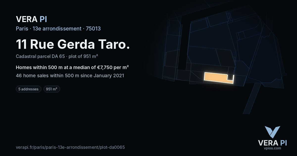 11 Rue Gerda Taro, 13e arrondissement at night – the plot lit, the parcels around coloured by the prices near them