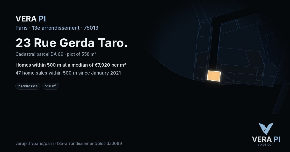 23 Rue Gerda Taro, 13e arrondissement at night – the plot lit, the parcels around coloured by the prices near them