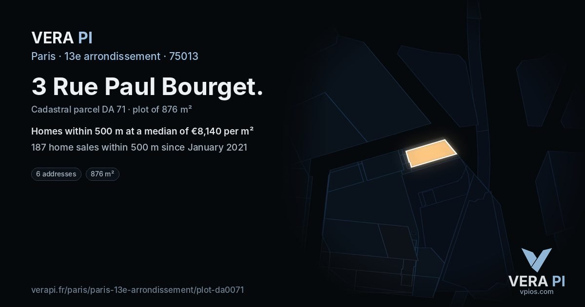 3 Rue Paul Bourget, 13e arrondissement at night – the plot lit, the parcels around coloured by the prices near them