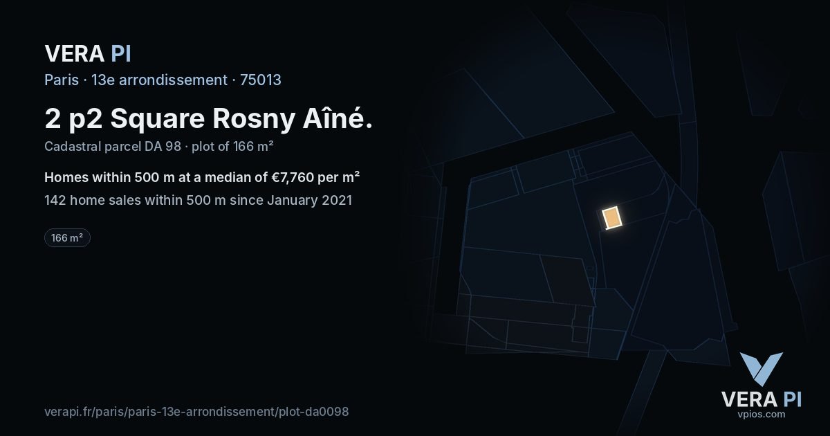 2 p2 Square Rosny Aîné, 13e arrondissement at night – the plot lit, the parcels around coloured by the prices near them