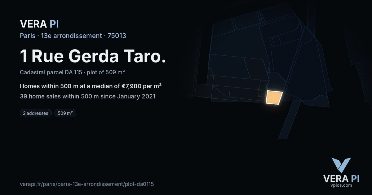 1 Rue Gerda Taro, 13e arrondissement at night – the plot lit, the parcels around coloured by the prices near them