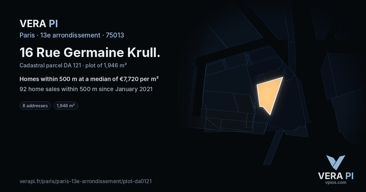 16 Rue Germaine Krull, 13e arrondissement at night – the plot lit, the parcels around coloured by the prices near them