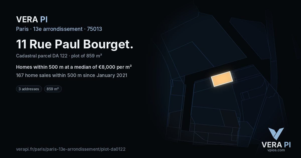 11 Rue Paul Bourget, 13e arrondissement at night – the plot lit, the parcels around coloured by the prices near them