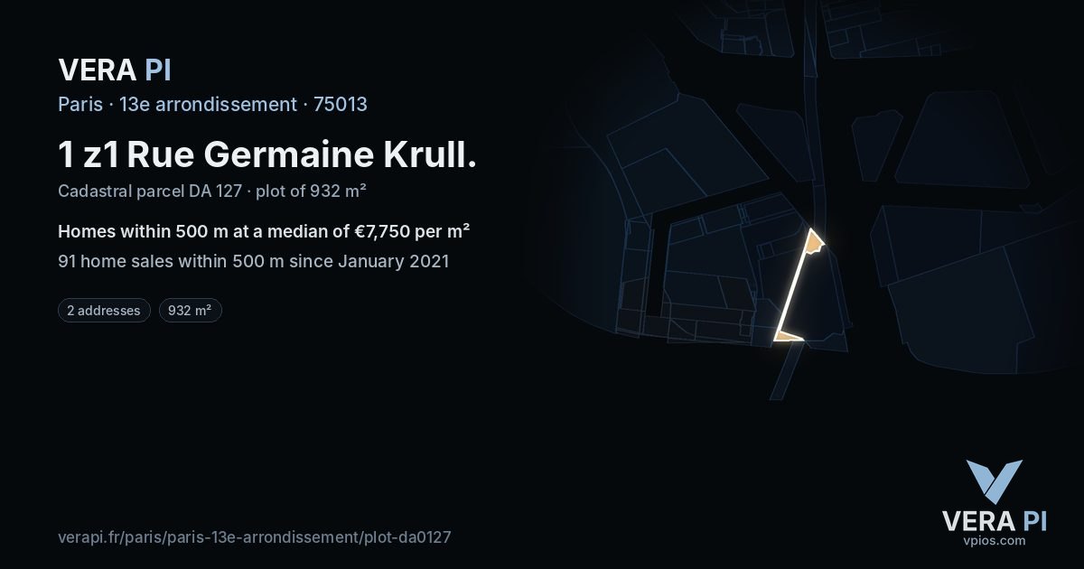 1 z1 Rue Germaine Krull, 13e arrondissement at night – the plot lit, the parcels around coloured by the prices near them