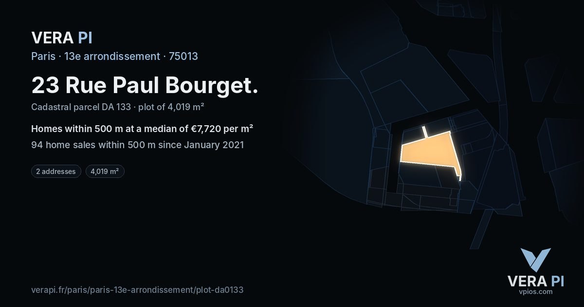 23 Rue Paul Bourget, 13e arrondissement at night – the plot lit, the parcels around coloured by the prices near them