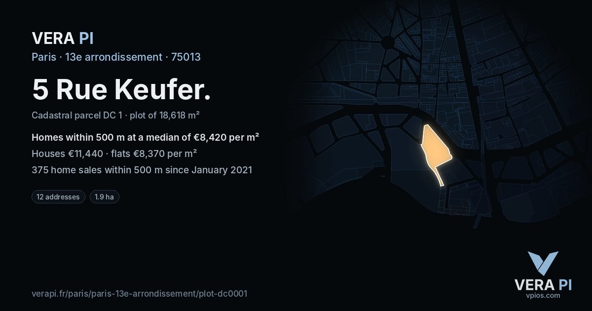 5 Rue Keufer, 13e arrondissement at night – the plot lit, the parcels around coloured by the prices near them