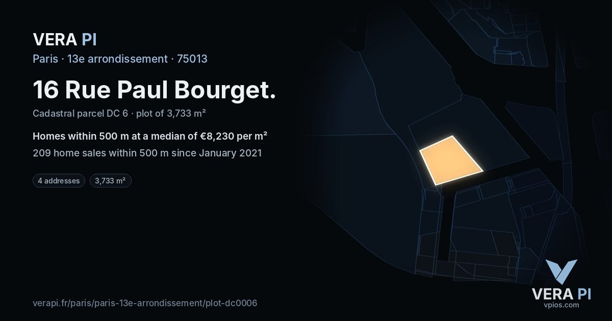 16 Rue Paul Bourget, 13e arrondissement at night – the plot lit, the parcels around coloured by the prices near them