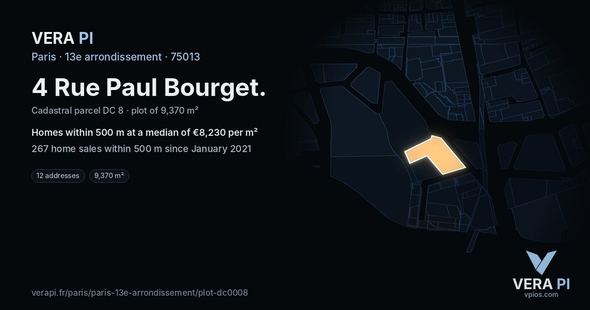 4 Rue Paul Bourget, 13e arrondissement at night – the plot lit, the parcels around coloured by the prices near them