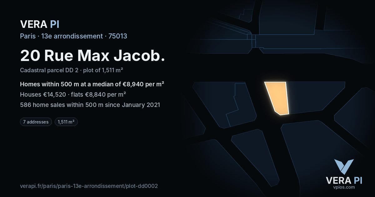 20 Rue Max Jacob, 13e arrondissement at night – the plot lit, the parcels around coloured by the prices near them
