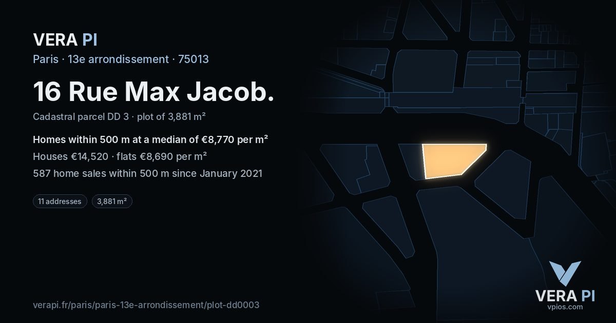 16 Rue Max Jacob, 13e arrondissement at night – the plot lit, the parcels around coloured by the prices near them