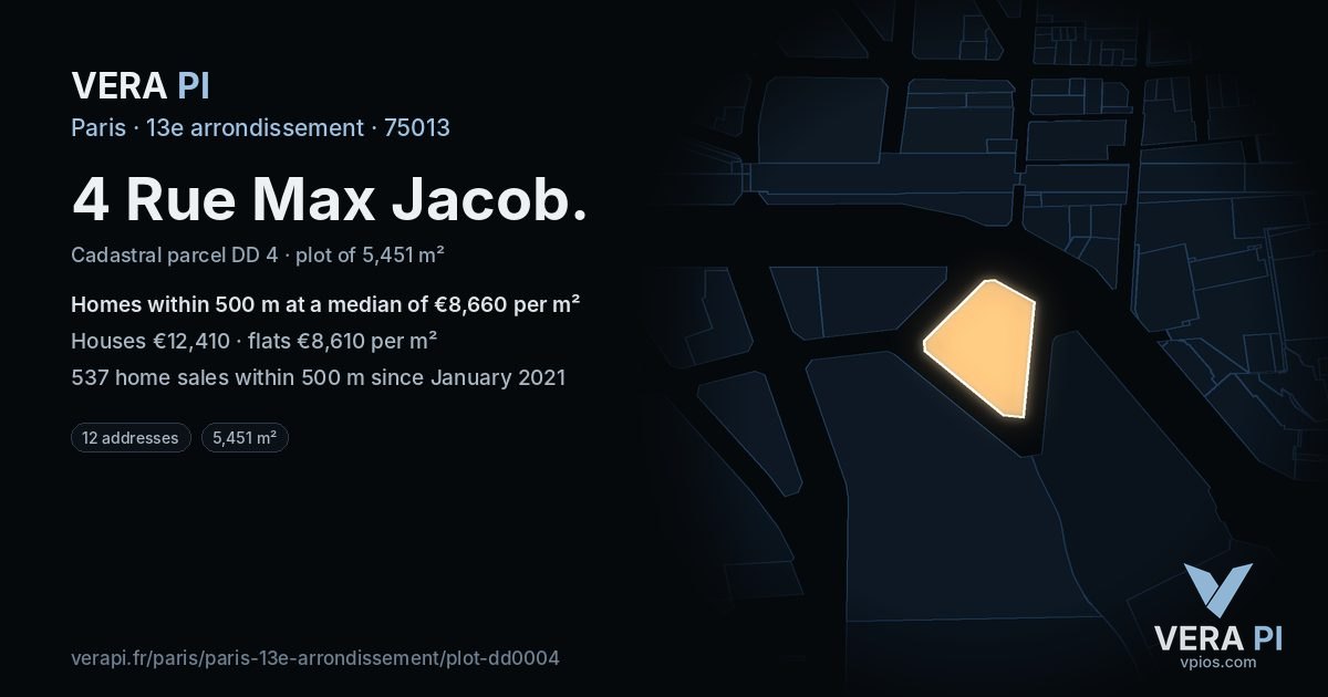 4 Rue Max Jacob, 13e arrondissement at night – the plot lit, the parcels around coloured by the prices near them