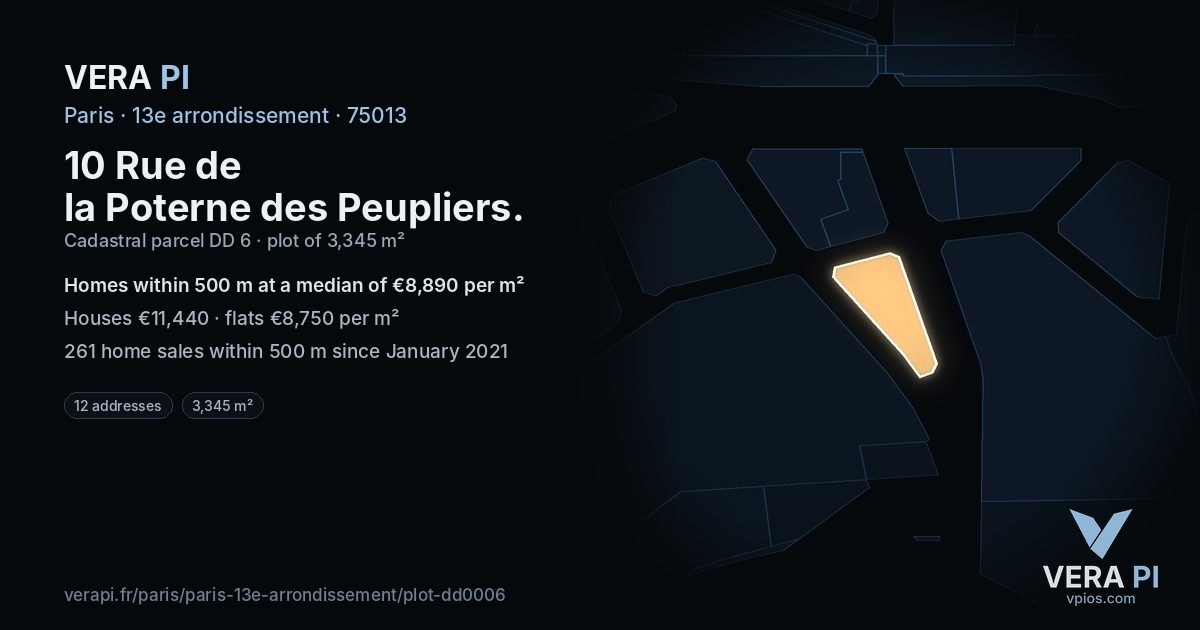 10 Rue de la Poterne des Peupliers, 13e arrondissement at night – the plot lit, the parcels around coloured by the prices near them