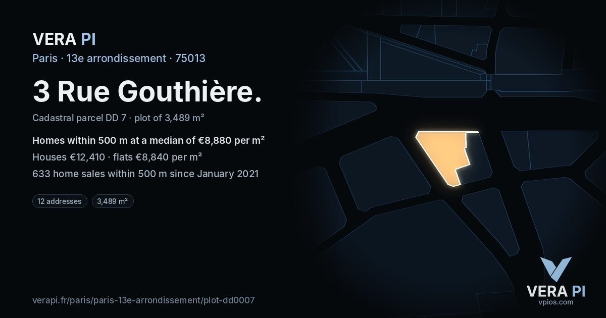 3 Rue Gouthière, 13e arrondissement at night – the plot lit, the parcels around coloured by the prices near them