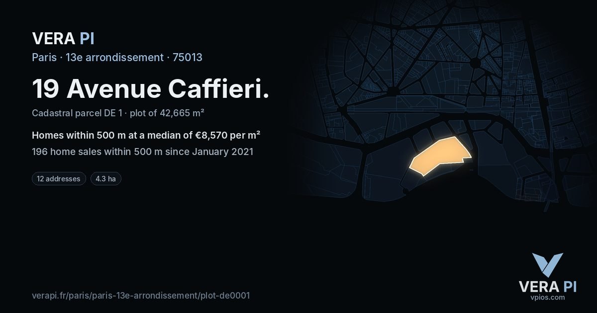 19 Avenue Caffieri, 13e arrondissement at night – the plot lit, the parcels around coloured by the prices near them