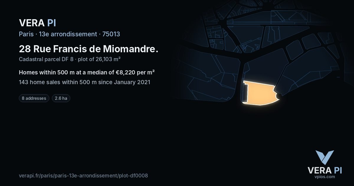 28 Rue Francis de Miomandre, 13e arrondissement at night – the plot lit, the parcels around coloured by the prices near them