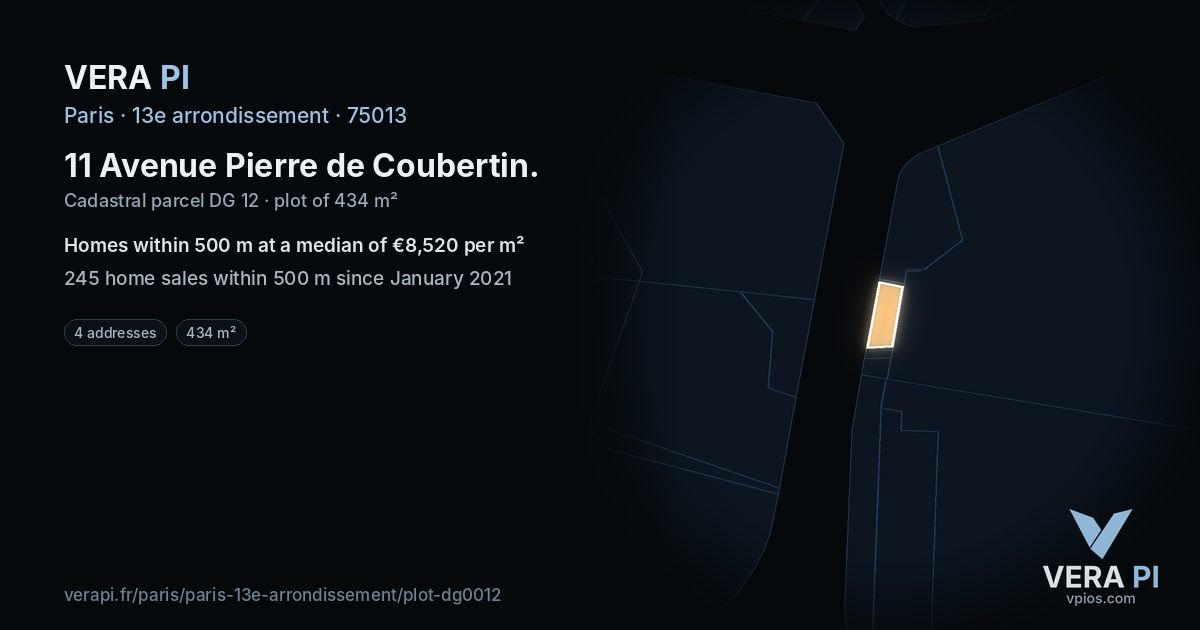 11 Avenue Pierre de Coubertin, 13e arrondissement at night – the plot lit, the parcels around coloured by the prices near them