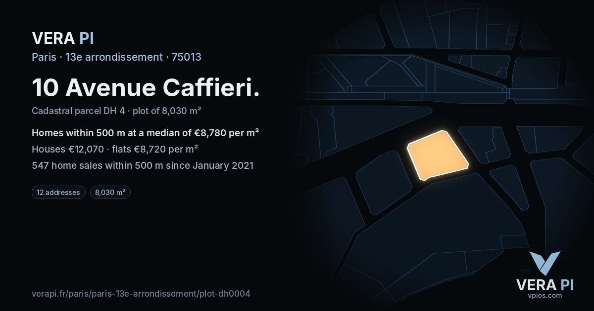10 Avenue Caffieri, 13e arrondissement at night – the plot lit, the parcels around coloured by the prices near them