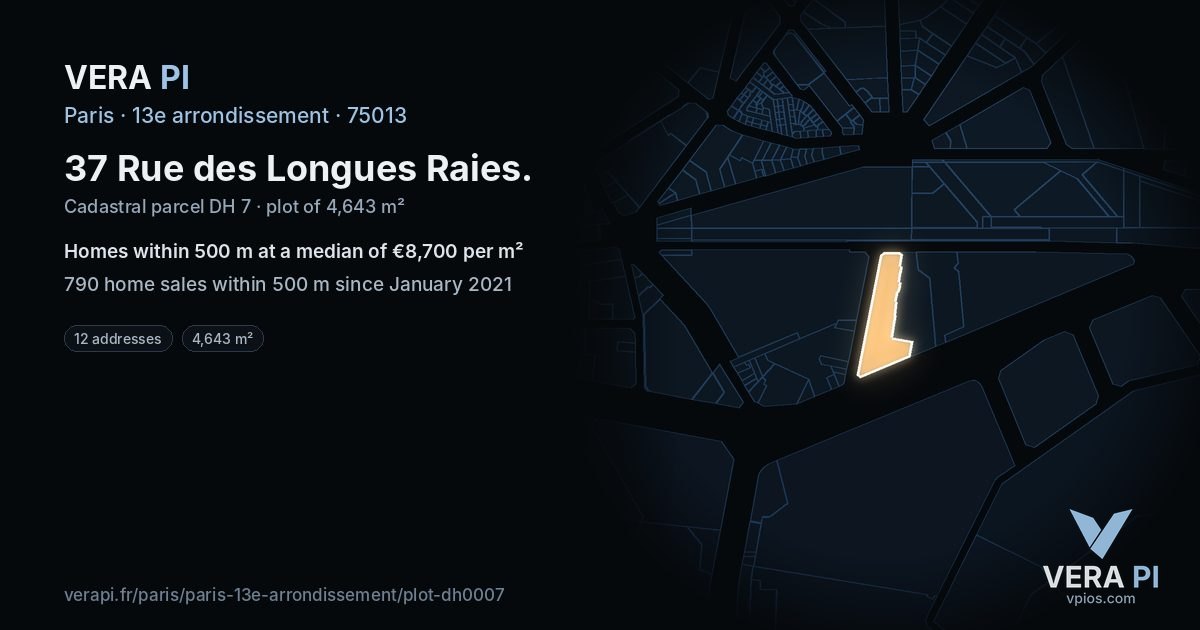 37 Rue des Longues Raies, 13e arrondissement at night – the plot lit, the parcels around coloured by the prices near them