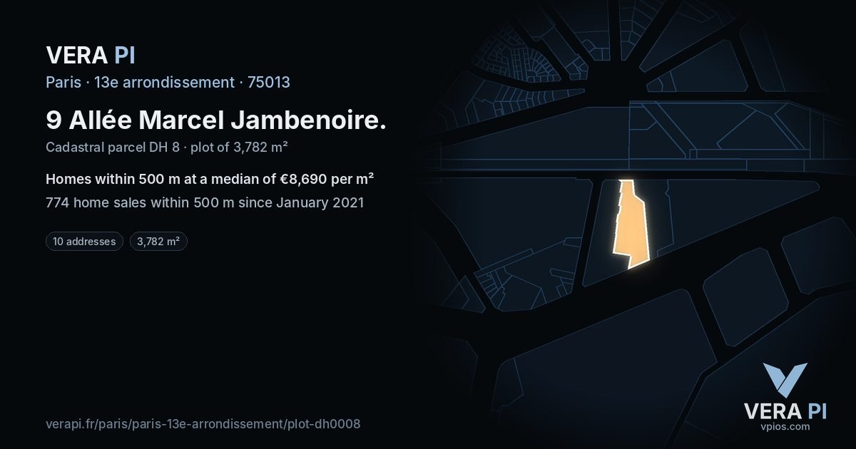 9 Allée Marcel Jambenoire, 13e arrondissement at night – the plot lit, the parcels around coloured by the prices near them