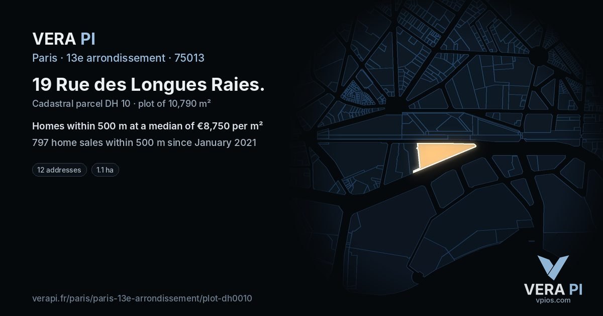 19 Rue des Longues Raies, 13e arrondissement at night – the plot lit, the parcels around coloured by the prices near them
