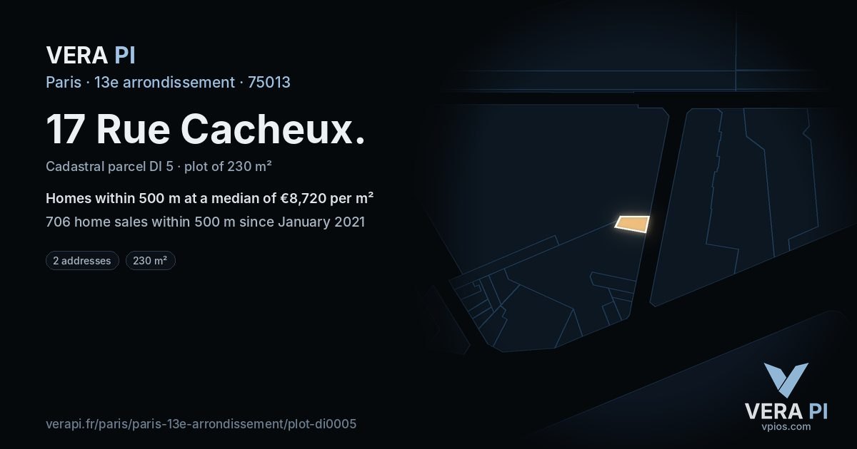 17 Rue Cacheux, 13e arrondissement at night – the plot lit, the parcels around coloured by the prices near them