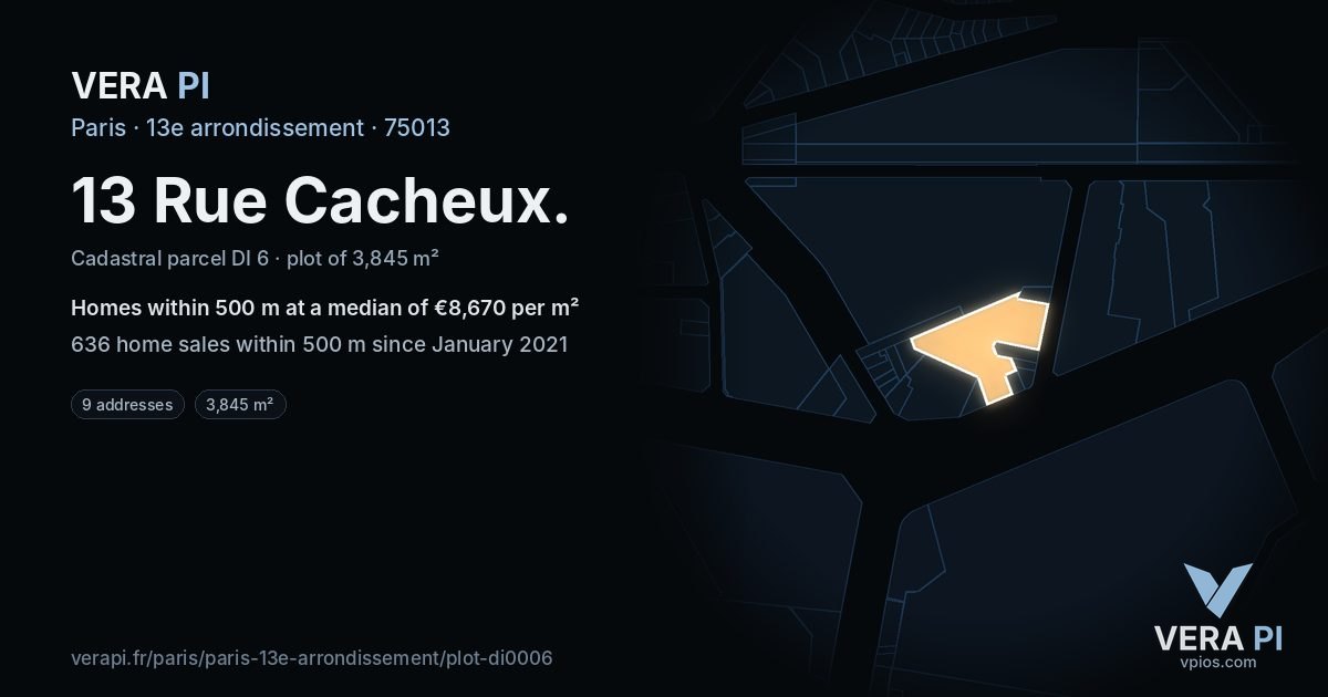 13 Rue Cacheux, 13e arrondissement at night – the plot lit, the parcels around coloured by the prices near them