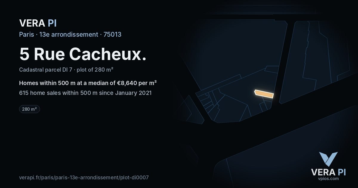 5 Rue Cacheux, 13e arrondissement at night – the plot lit, the parcels around coloured by the prices near them