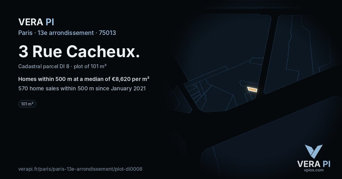 3 Rue Cacheux, 13e arrondissement at night – the plot lit, the parcels around coloured by the prices near them