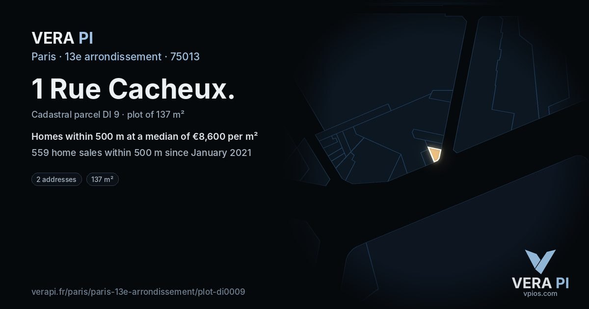 1 Rue Cacheux, 13e arrondissement at night – the plot lit, the parcels around coloured by the prices near them