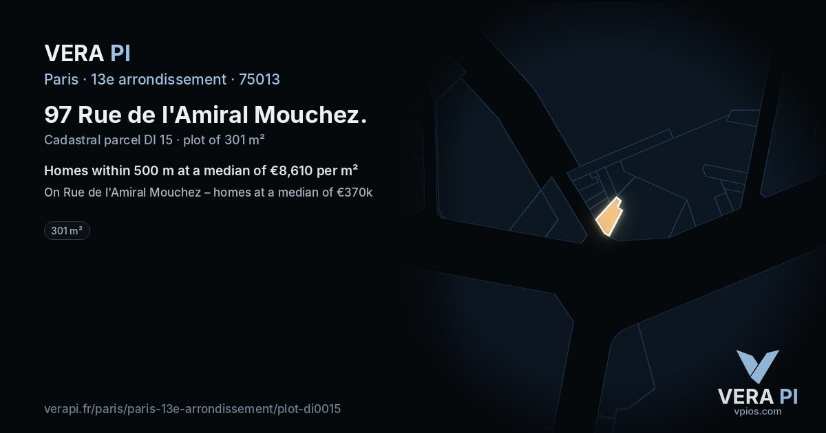 97 Rue de l'Amiral Mouchez, 13e arrondissement at night – the plot lit, the parcels around coloured by the prices near them