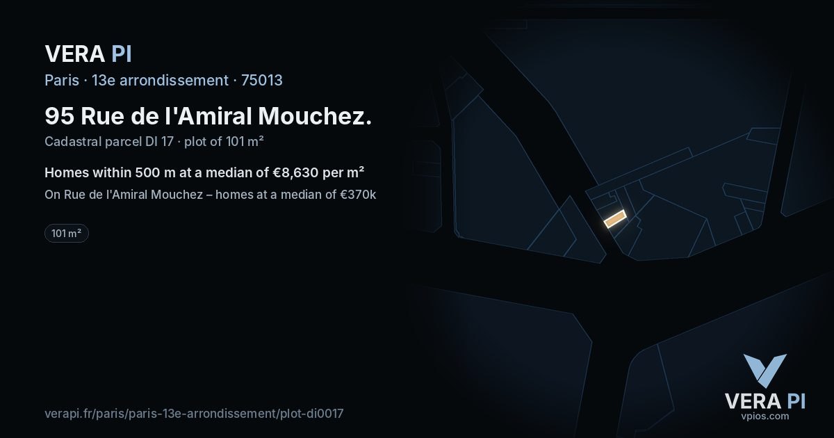 95 Rue de l'Amiral Mouchez, 13e arrondissement at night – the plot lit, the parcels around coloured by the prices near them