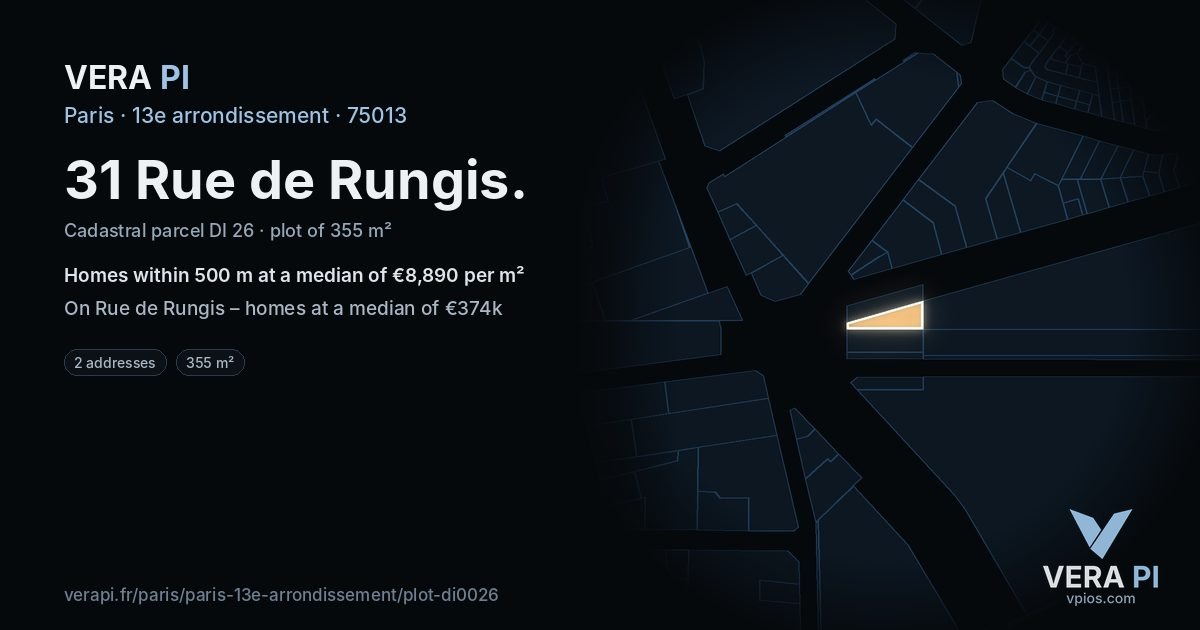 31 Rue de Rungis, 13e arrondissement at night – the plot lit, the parcels around coloured by the prices near them
