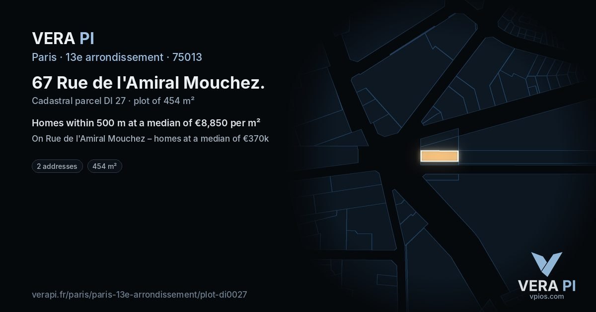 67 Rue de l'Amiral Mouchez, 13e arrondissement at night – the plot lit, the parcels around coloured by the prices near them