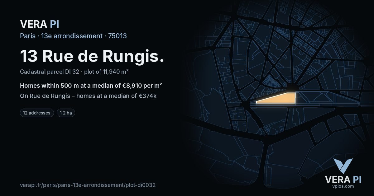 13 Rue de Rungis, 13e arrondissement at night – the plot lit, the parcels around coloured by the prices near them