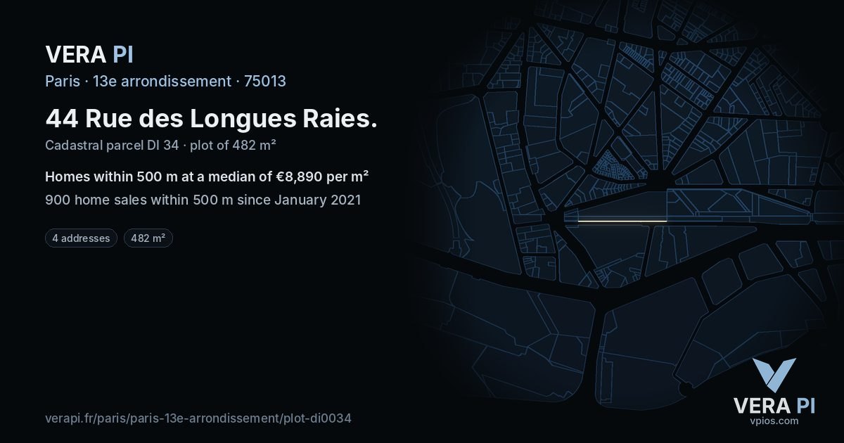 44 Rue des Longues Raies, 13e arrondissement at night – the plot lit, the parcels around coloured by the prices near them