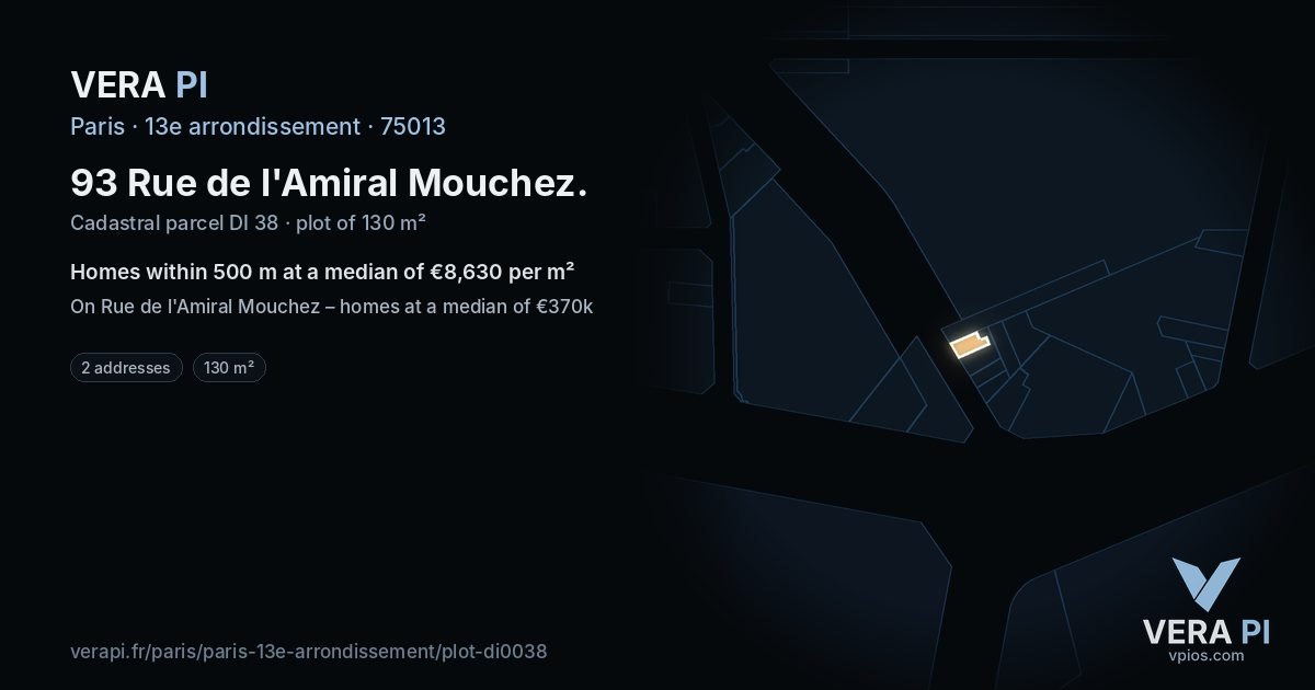 93 Rue de l'Amiral Mouchez, 13e arrondissement at night – the plot lit, the parcels around coloured by the prices near them
