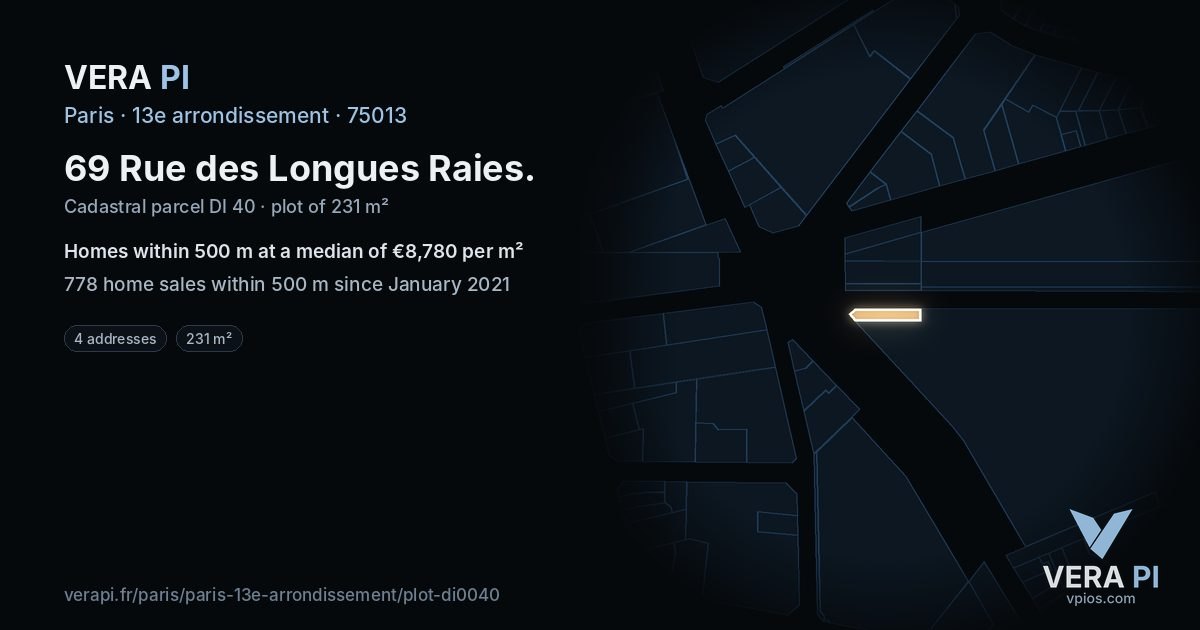 69 Rue des Longues Raies, 13e arrondissement at night – the plot lit, the parcels around coloured by the prices near them