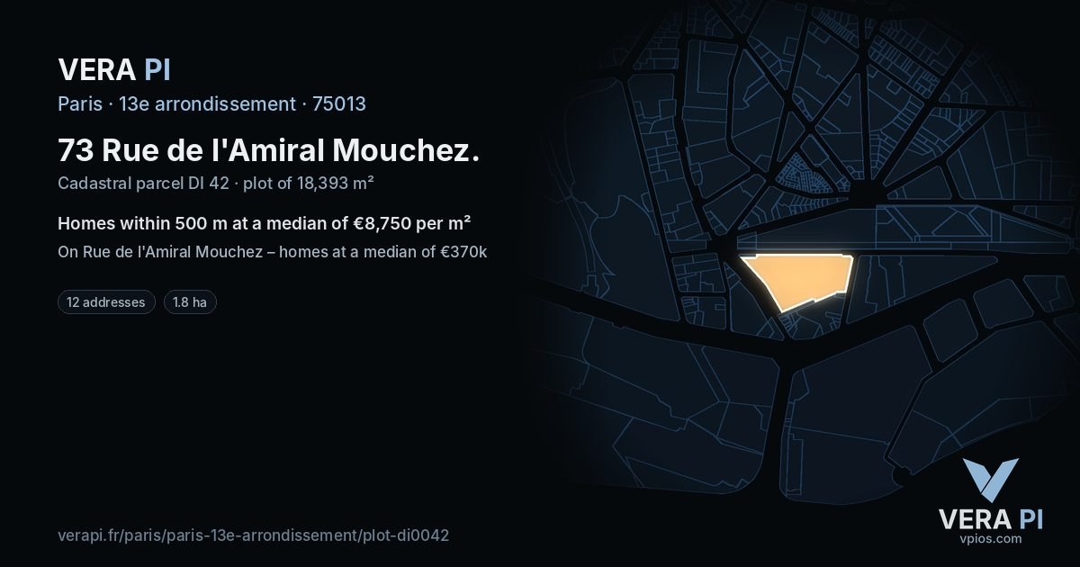 73 Rue de l'Amiral Mouchez, 13e arrondissement at night – the plot lit, the parcels around coloured by the prices near them