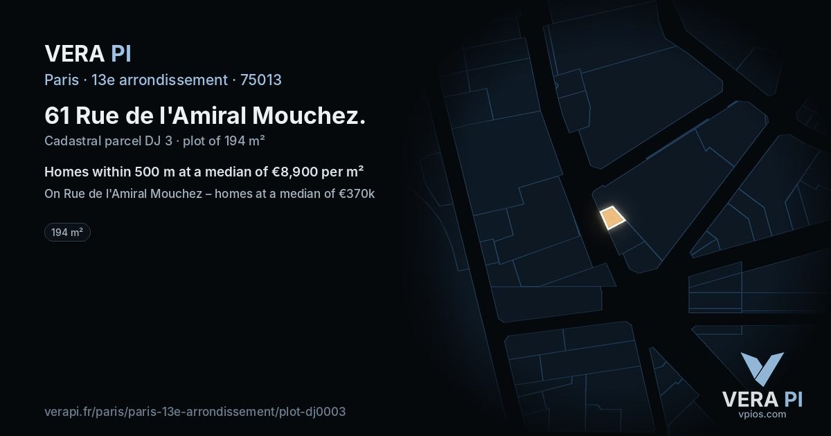 61 Rue de l'Amiral Mouchez, 13e arrondissement at night – the plot lit, the parcels around coloured by the prices near them