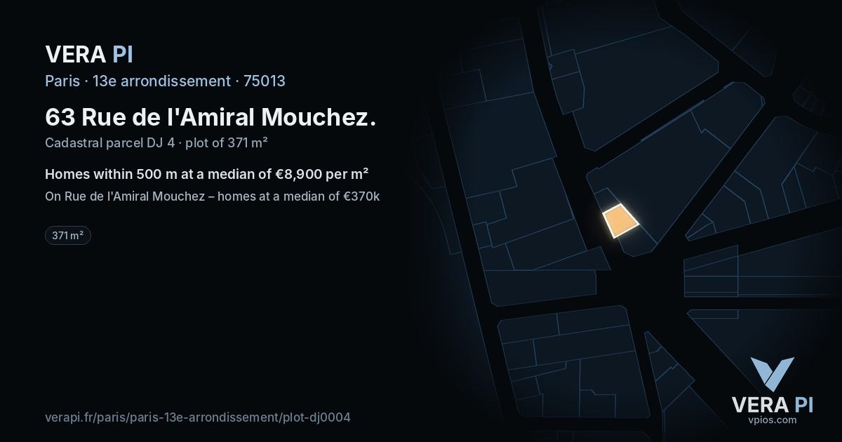 63 Rue de l'Amiral Mouchez, 13e arrondissement at night – the plot lit, the parcels around coloured by the prices near them