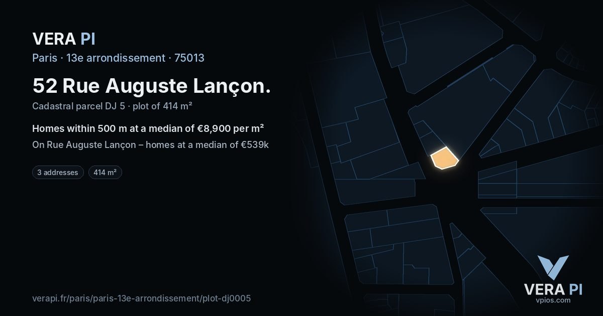 52 Rue Auguste Lançon, 13e arrondissement at night – the plot lit, the parcels around coloured by the prices near them