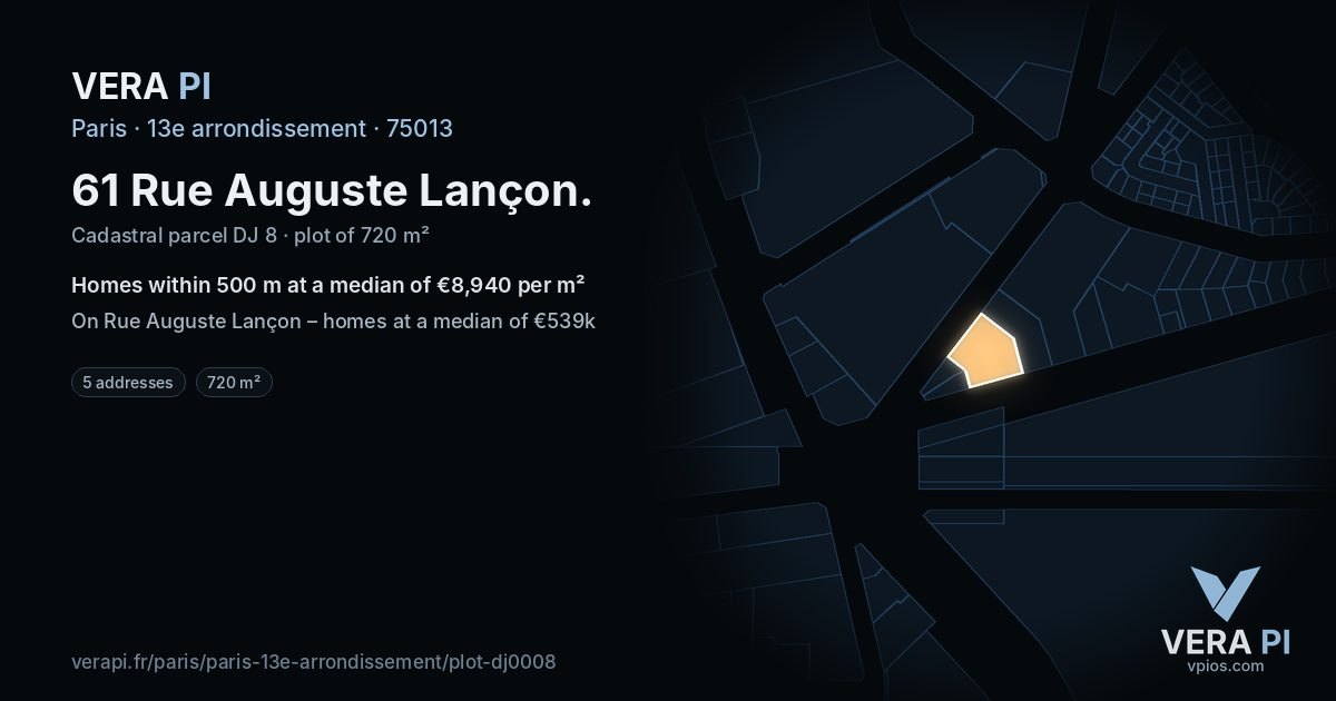 61 Rue Auguste Lançon, 13e arrondissement at night – the plot lit, the parcels around coloured by the prices near them